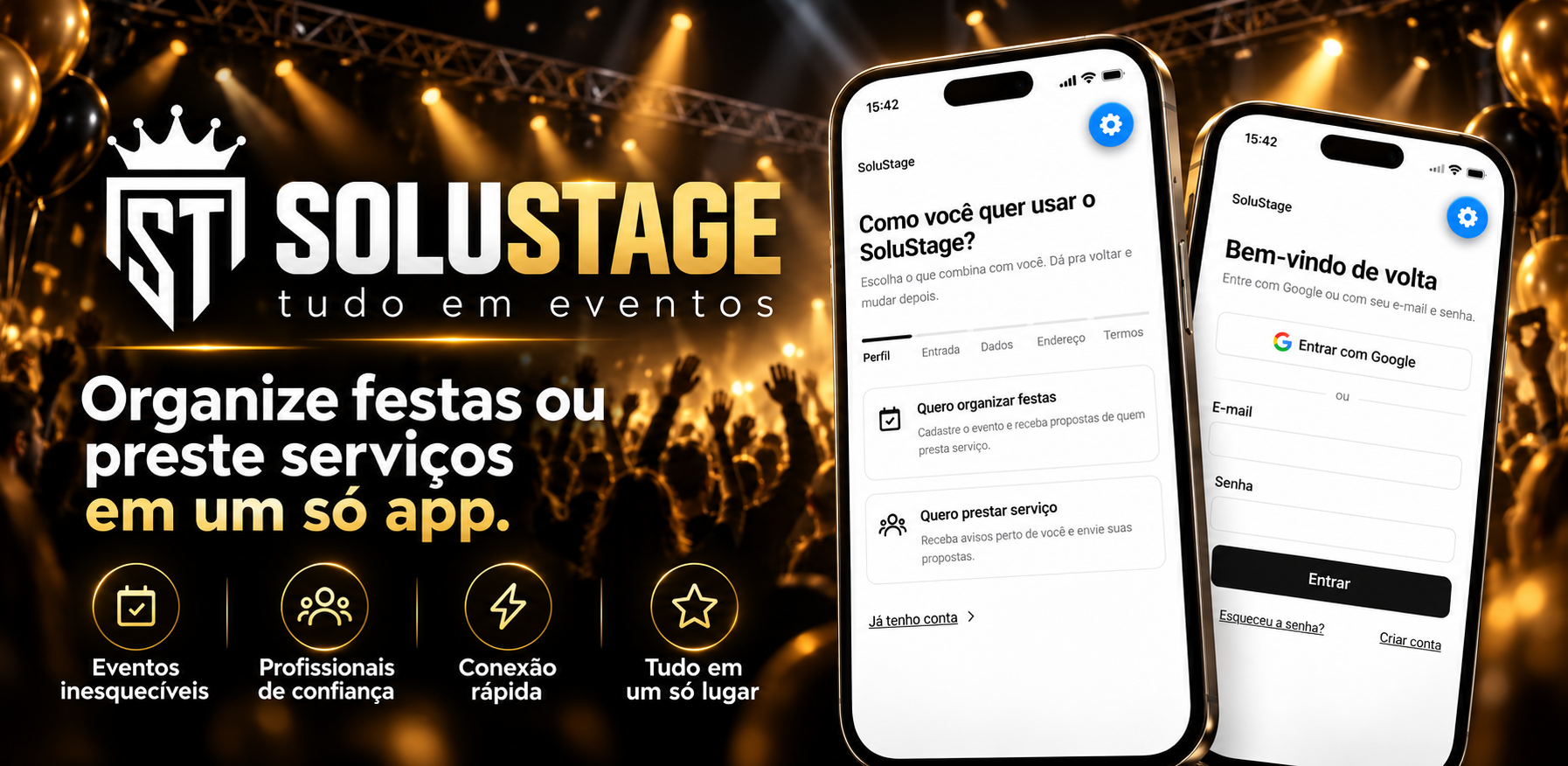 SoluStage: pessoas organizando eventos e aplicativo em celulares